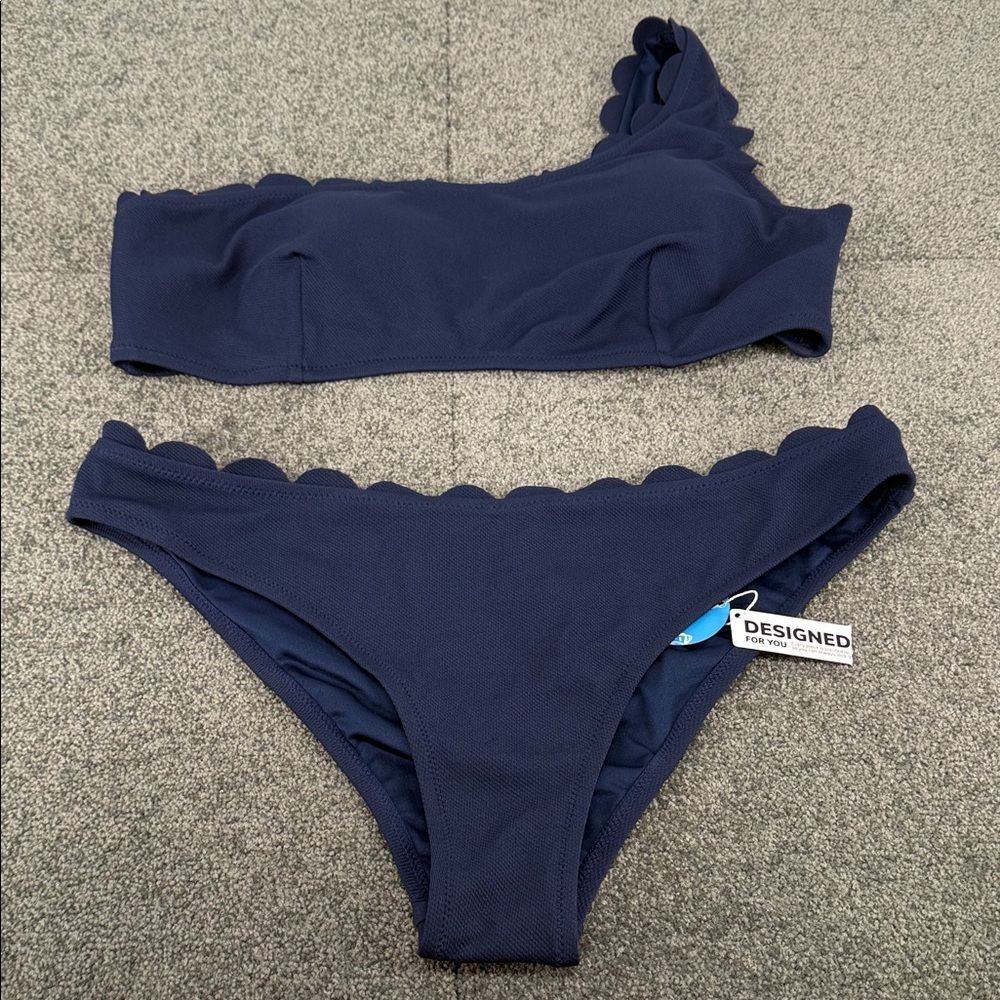 CupShe Swimsuit Wm XL/XXL Blue Two Piece Scallop One-Shoulder Bikini